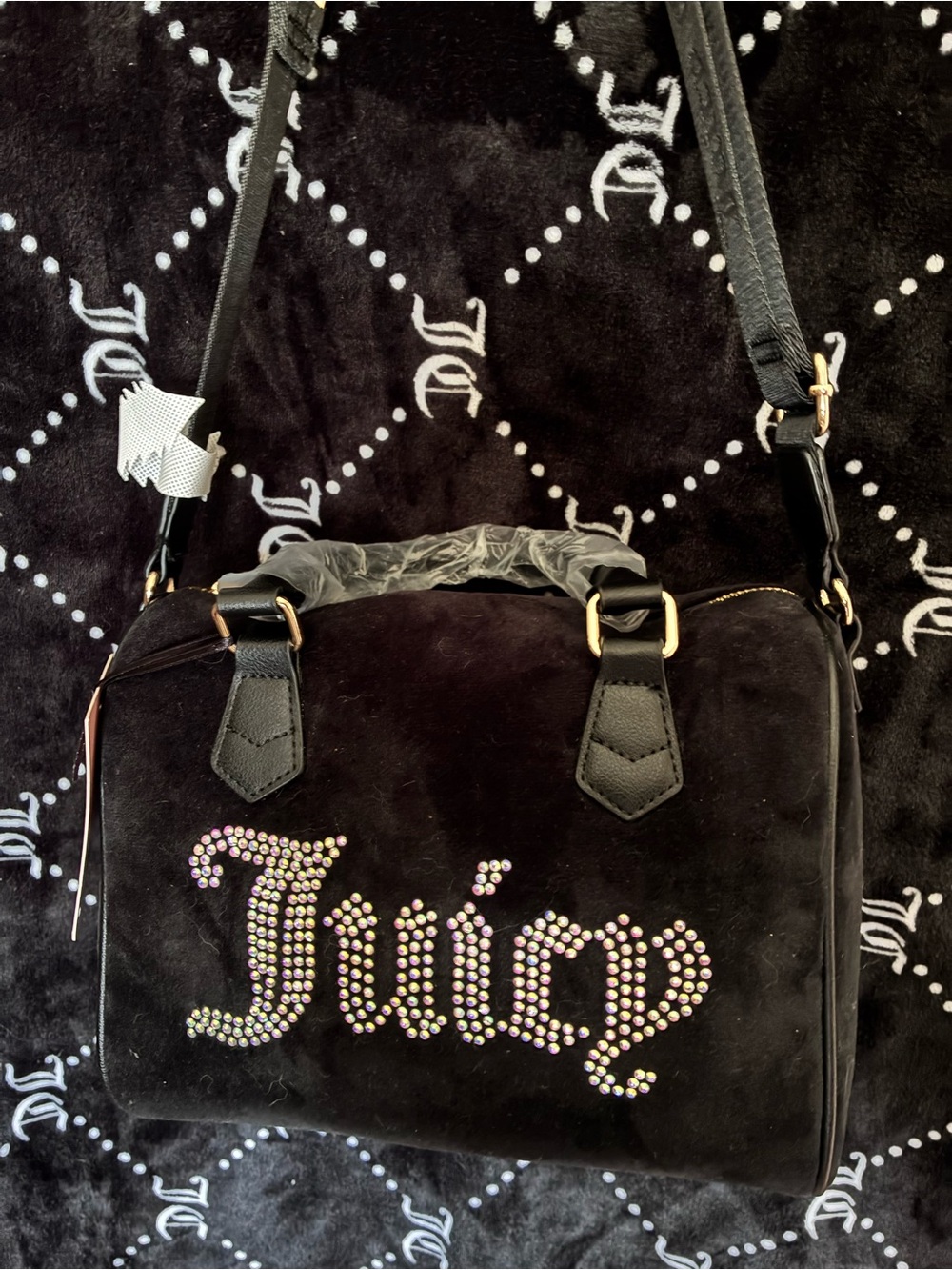 Juicy Couture Black velvet Rhinestone 'Juicy' Satchel Shoulder Bag